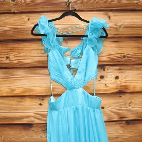 Mac Duggal 70254 Womens Blue Ruffled Shoulder Cut Out Lace Up Gown Dress