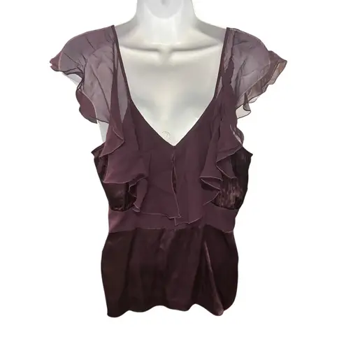 Daisy Fuentes Eggplant Purple Silk Blend Top Ruffle Sleeves V-Neck Blouse Large