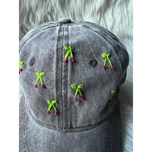 Gray Baseball Cap with Embroidered Green and Pink Cherries