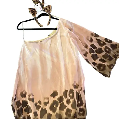 Leopard Print One Shoulder cheetah Dress with ears collar & tail Cat Costume Tan Size M