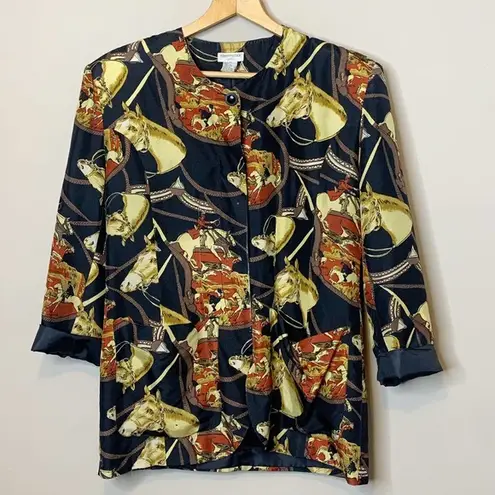Vintage 80s Silk Jacket Top Equestrian Horse Print size M Robert Stock Lmtd Size M