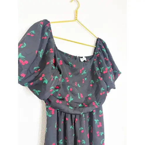 Petal & Pup Chlo Cherry Print Puff Sleeve Midi Dress Size Large Smocked Retro Black