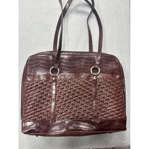 Coldwater Creek Laptop Tote Bag Faux Croc Leather Woven Brown Shoulder Bag Work