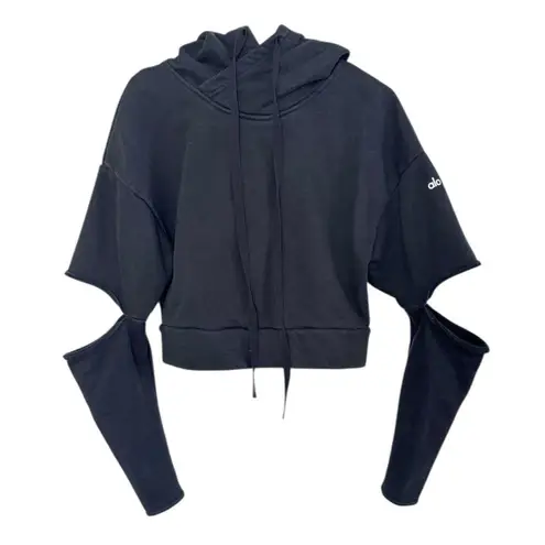 ALO Yoga Edgy Peak Cutout Elbow Hoodie Crop Sweatshirt Long Sleeve Drawstring S Black