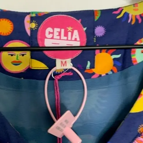 Celia B Atlas Dress Midi Navy Multi Womens New Size Medium Summer Belted Blue