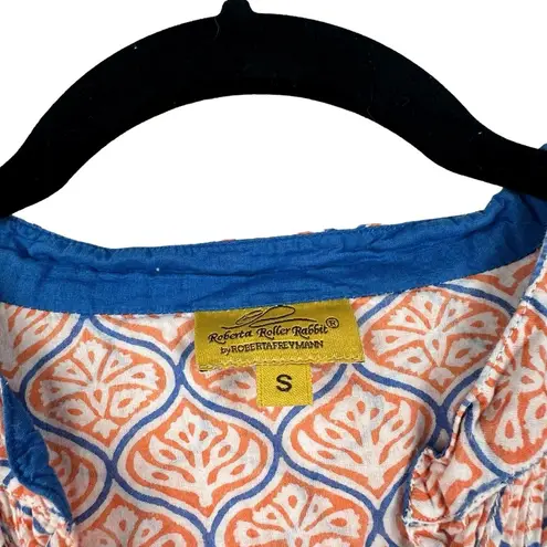 Roberta Roller Rabbit Small 100% Cotton Orange White & Blue Printed VNeck Blouse