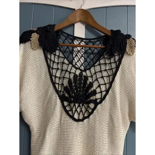 Handmade Vintage Fancy Crochet Ivory Black Gold Boho Hippie Top 40’s 50’s Vibes Sz S