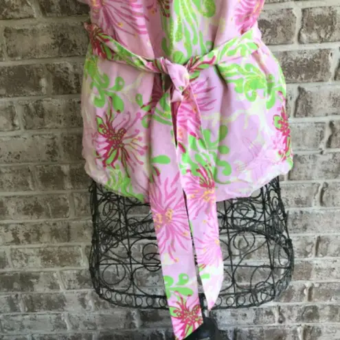 Lilly Pulitzer Sleeveless Silk Top Blouse Bimini Print Size O Pink Front…