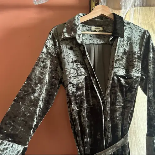 L'Agence Cameron Velvet Maxi Shirt Dress Green V-Neck 3/4 Sleeve Collar Size M