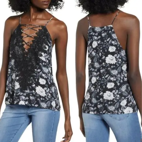 WAYF NEW Posie Strappy Camisole Black Ivory Floral Lace Strappy Cutout Tank Top