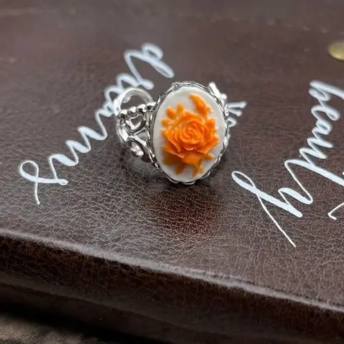 Neon Orange Rose Floral Oval Cameo Silver Stainless Steel Open Back Ring