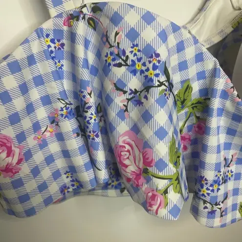 Eloquii NWT Garden Party Bikini Top 22W Blue Gingham Floral Swim Ruffle Beach