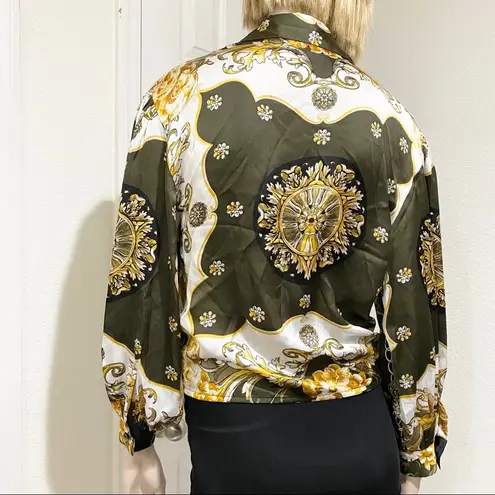 Soho NYC Green/Gold Scarf Print Front Tie Blouse S