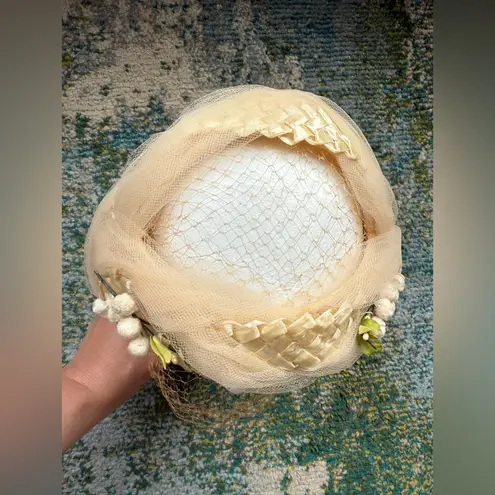 Vintage woven face veil floral bridal wedding headpiece hat Tan