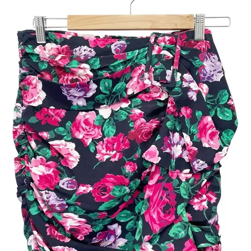 Ronny Kobo Lauryn Floral Print Draped Ruched Mini Skirt Size Small Black Pink