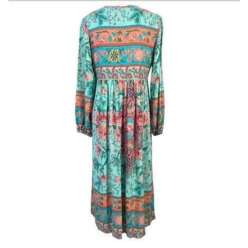 R. Vioimos Boho Maxi Dress M Turquoise Floral Paisley Tassel Tie Neck Hippie Size M