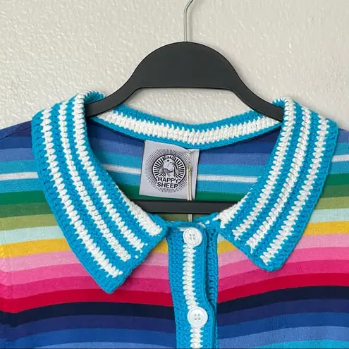 NWT Happy Sheep Rainbow Blue Striped Cardigan Crochet Detail Size Small