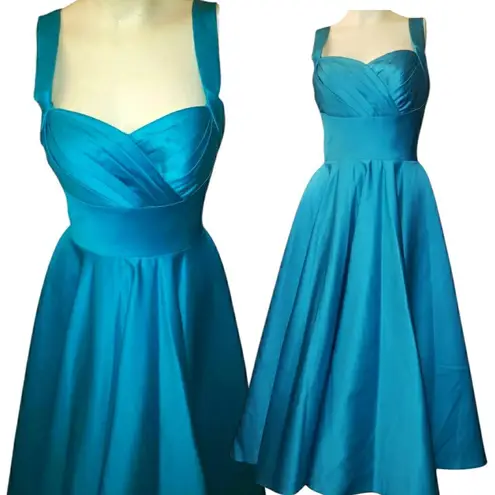 Unique Vintage Rare Sold Out Turquoise Satin Happily Ever After Pleated Swing Dress size XS