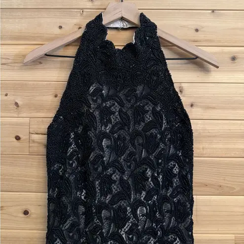 Vintage Stenay Size Small Beaded High Halter Scalloped Neckline Fancy Prom Gown Black