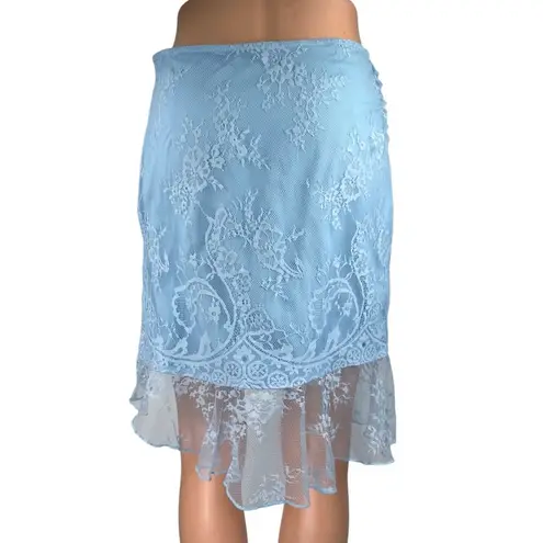 Majorelle Blue Lace Mesh Floral Ruffle Asymmetric Mini Straight Pencil Skirt M