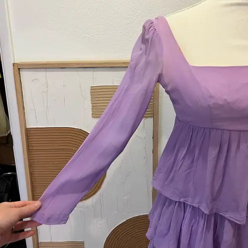 None Vintage Handmade 70s Purple Multi Tiered Pleated Sheer Sleeve Square Neck Dress