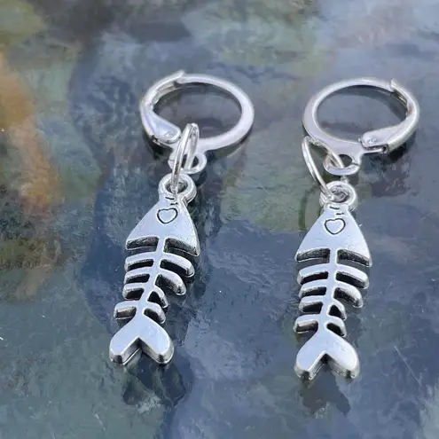 Handmade Silver Y2k Fish Bone Hoop Earrings , Punk Goth Boho Silver