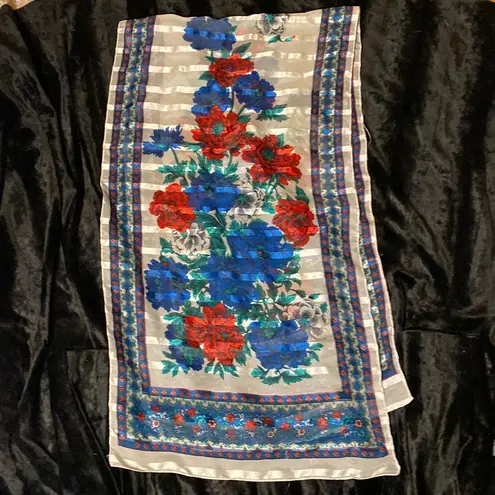 Vintage red, blue, white poppy carnations floral scarf