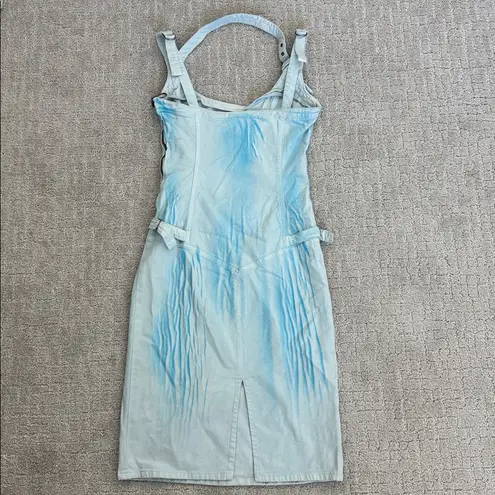VTG Versace Jeans Couture baby blue buckle denim pencil dress halter tie dye Size 4