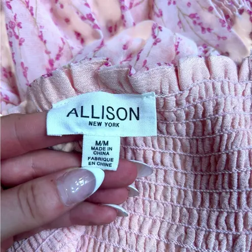 Allison New York Printed Smocked Mini Dress Long Sleeves Square Neck Pink Medium