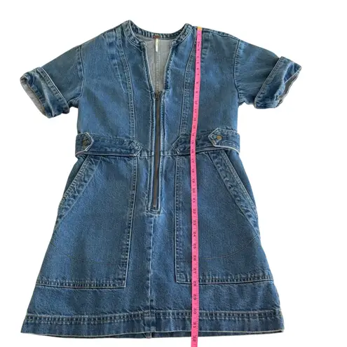 Free People  Dream On Denim Mini‎ Dress Zip Short Sleeve Pockets Women's Small