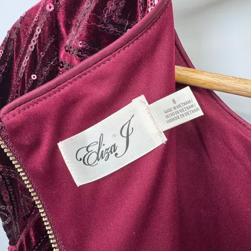 Eliza J Velvet Sequin Geometric Formal Party Cocktail Dress Burgundy Red Size 8