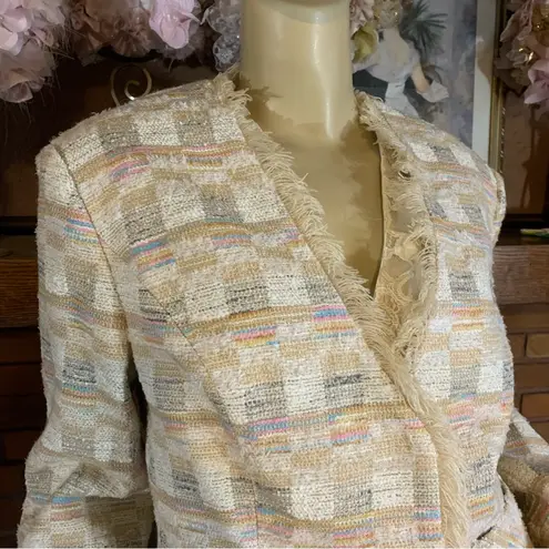 Newport News "EASY STYLE" CREAM, TAN, BLUE & PINK PASTEL FRINGE BLAZER (12)