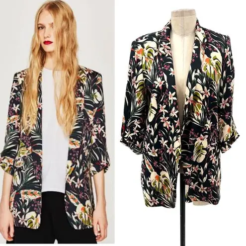 ZARA  Wild Willow Floral Satin Blazer 3/4 Length Sleeve Size Medium