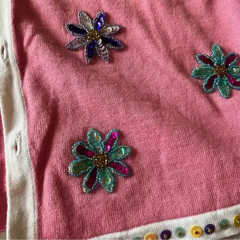 VINTAGE STORYBOOK KNITS Sequin flower daisy cardigan sweater SIZE‎ SMALL BRATZ Pink