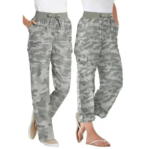 Woman Within Plus Size 28W Convertible Length Cargo Pant Green Camo Pullon