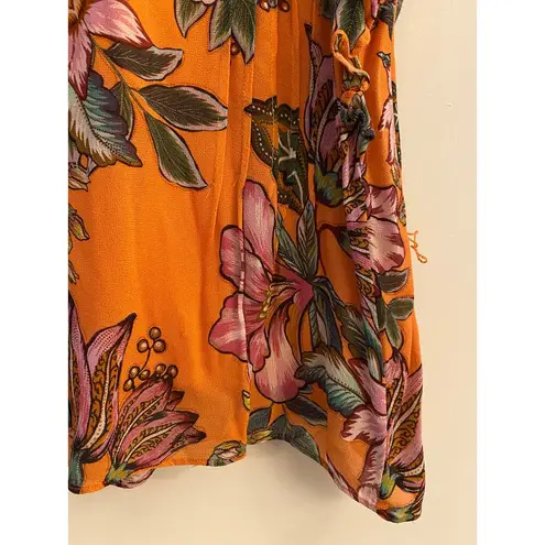 Farm Rio  Adonis Pintucked Blouse No Tie Orange Pink Floral Flutter Sleeve GUC S