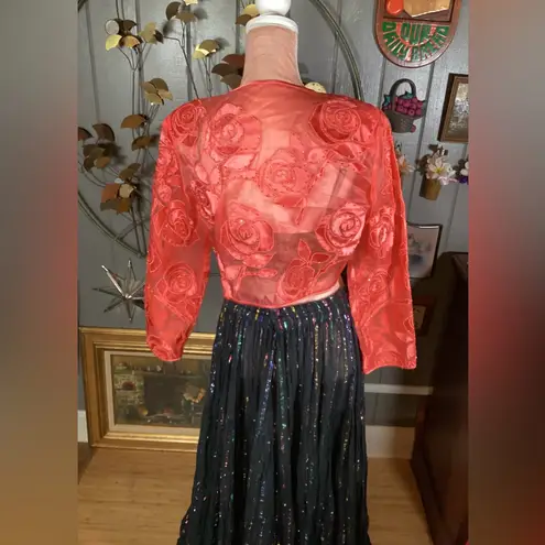 Vintage Coral Sheer Bolero With Embroidered & Beaded Roses Small Pink