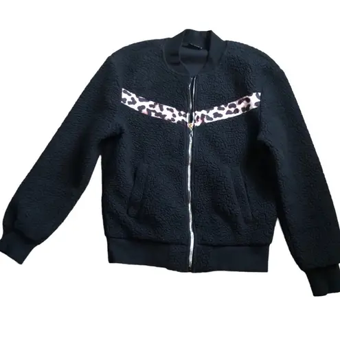 Zyia Active Leopard Flying V Fleece Jacket Sz. XS Black Teddy Workout Cozy