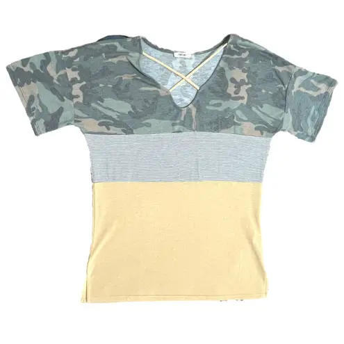 First Love (M) Camouflage Striped Colorblock Cross Front Short Sleeve Tee