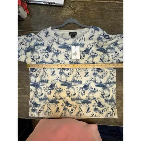 C by Bloomingdale's Cashmere Toile Crewneck Sweater Blue Cream Size XL