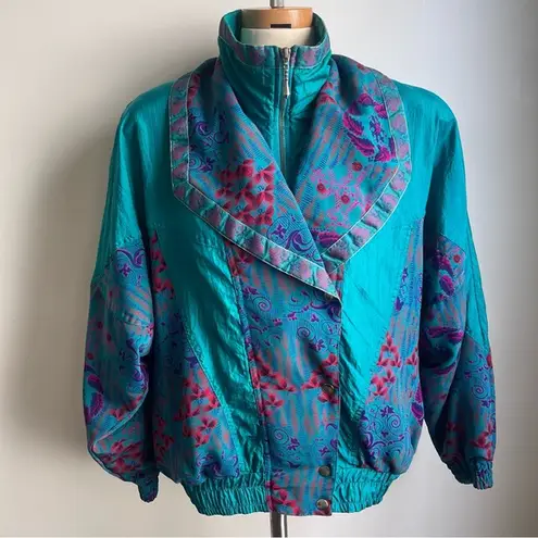 Lavon Vintage 90s Aqua Print Streetwear Windbreaker Bomber Track Jacket Size S