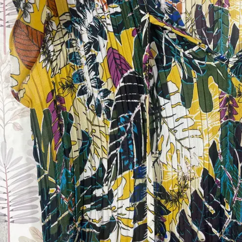 Melissa Paige Women's Top M Boho Leaf Print Pleated Tunic Blouse Tassel Detail