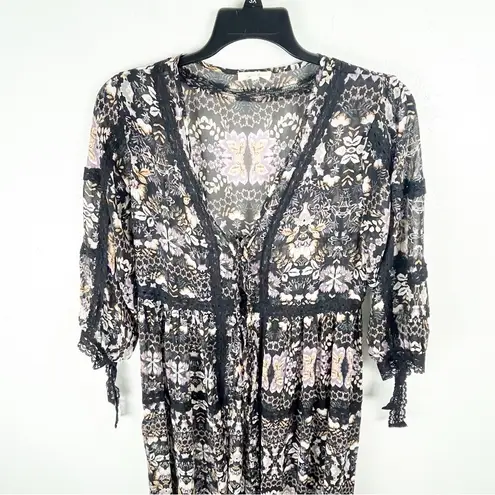 EASEL Black Floral Sheer Lace Inset Double Front Ties Kimono Cardigan Medium
