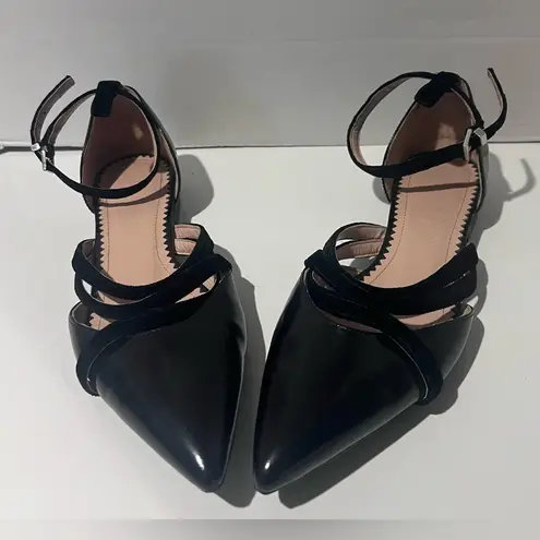 INCH2 Leather Strappy Pointed Toe Velvet Strap Ballet Flats EU Size 36 (US 5.5) Black