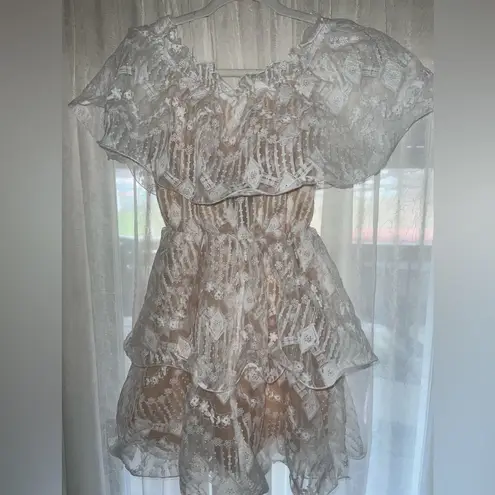 Pretty Little Thing White lace Bardot ruffle tiered dress size 8 NWT