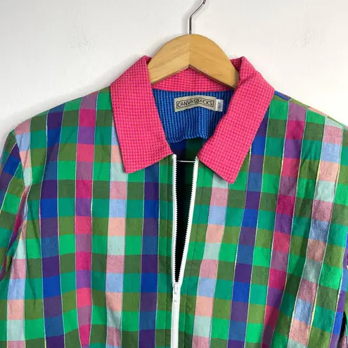 Vintage 90s Y2K Canvasbacks Madras Plaid Cropped Full Zip Jacket 12P 12 Petite L Pink