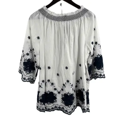 Cirana White Off Shoulder Embroidered Tassel Peasant Blouse Womens Large Blue