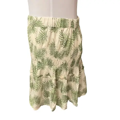 Elodie Palm Leaf Print Tiered Ruffle Mini Skirt Smocked Waist Boho Vacation Style Sz M