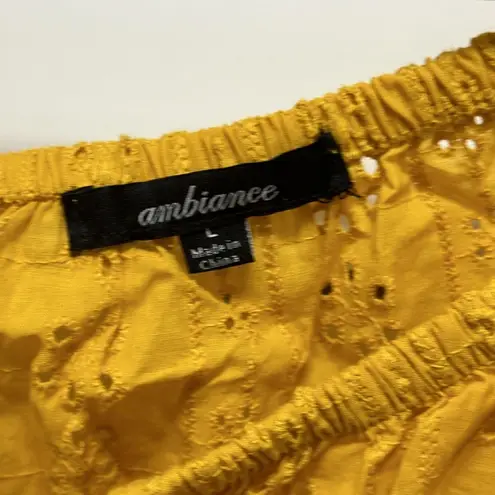 WOLF WOMEN'S KNIT EYELET SMOCKED CROP TOP SZ L Yellow Size L