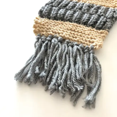 Handmade Gray and Cream Tan Crochet Knit Tassel Scarf